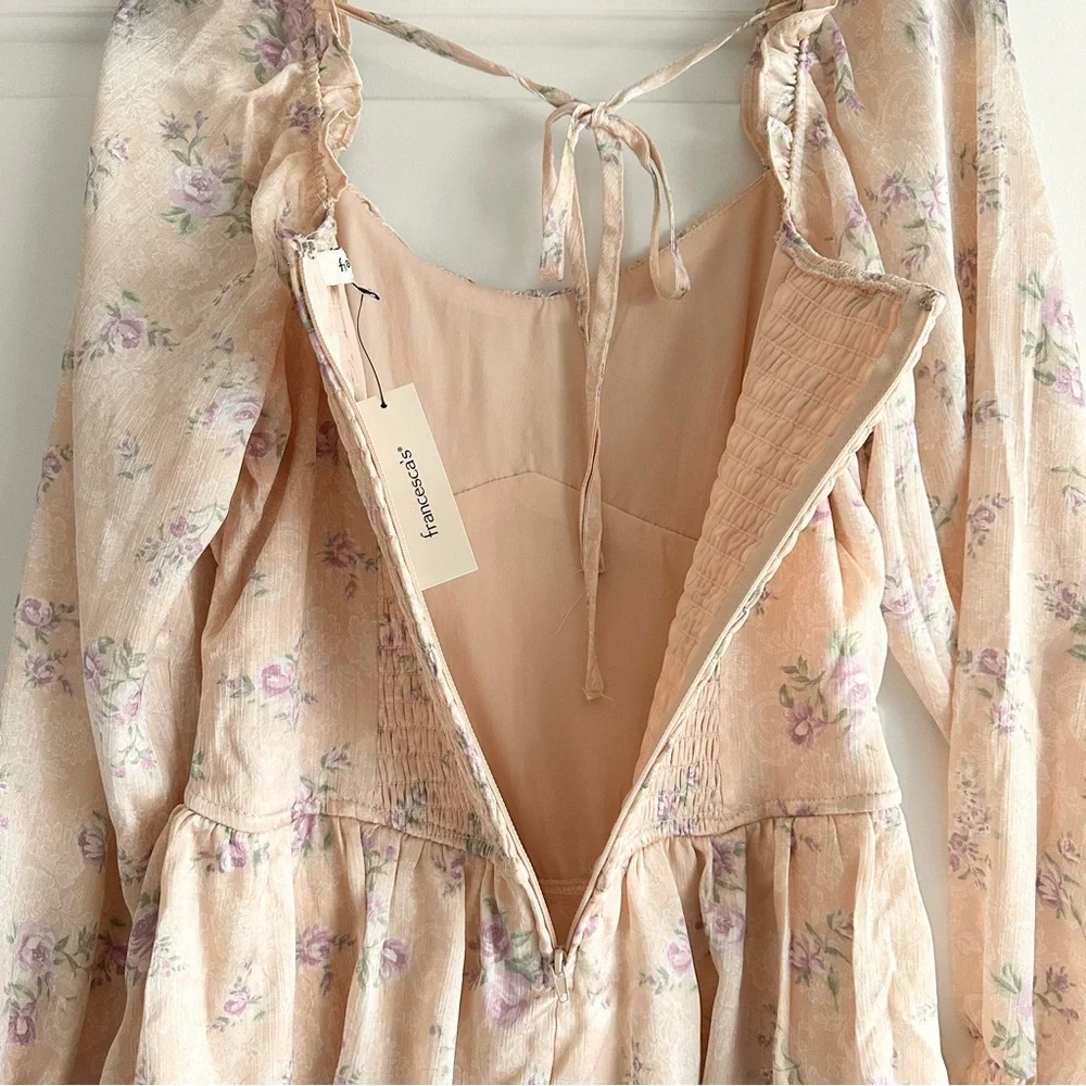 Francesca’s Molly Floral Tiered Long-Sleeve Mini Dress in Pink & Purple NWT